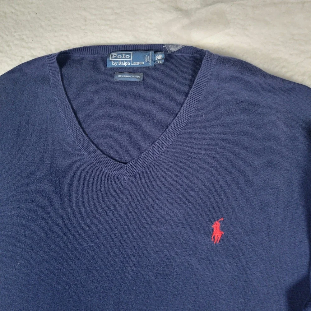 Polo Ralph Lauren Sweater Mens 2XL Navy Blue VNeck 100% Pima Cotton Italian Yarn